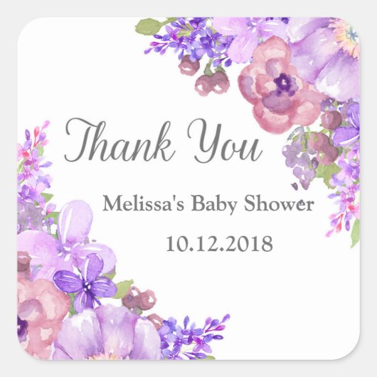 Rustiek Lila Paars Bloemen Baby shower Dank u Vierkante Sticker (Voorkant)