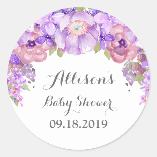 Rustiek Lila Paarse Bloemen Baby shower Label (Voorkant)