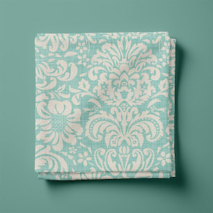Rustiek Linnen Beige en Aqua Bloemen Damast Stof