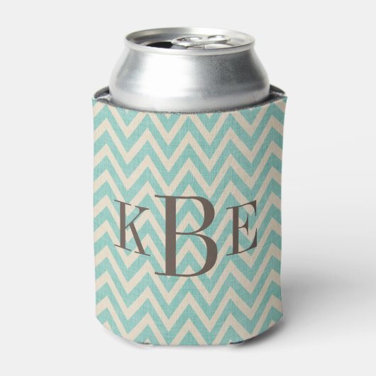 Rustiek Linnen Beige en Aqua Chevron Monogram Blikjeskoeler (Blikje Voorkant)