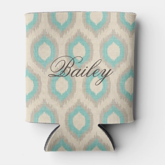 Rustiek Linnen Beige en Aqua Ikat Monogram Blikjeskoeler (Voorkant)