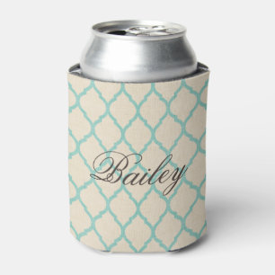 Rustiek Linnen Beige en Aqua Quatrefoil Monogram Blikjeskoeler