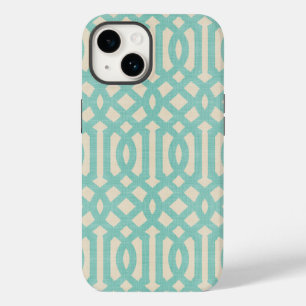 Rustiek Linnen Beige en Aqua Trellis iPhone 14 Hoesje