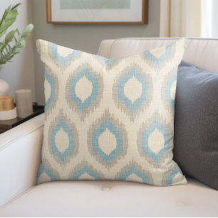 Rustiek linnen beige en blauwe Ikat print Kussen