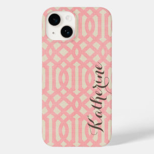 Rustiek Linnen Beige en Roze Trellis Monogram Case-Mate iPhone Case