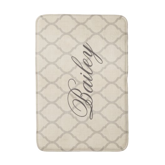 Rustiek Linnen Beige en Taupe Quatrefoil Monogram Badmat (Voorkant Verticaal)