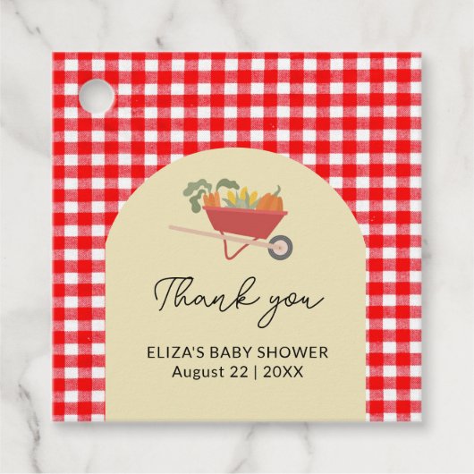 Rustiek lokaal geteeld Red Gingham Baby shower Bedankjes Labels (Voorkant)