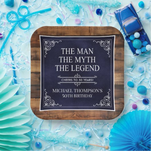 Rustiek Man Myth Legend 50ste Verjaardag Navy Blue Papieren Bordje (Feest)