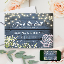 Rustiek Marine Blauw Houten Strijklichten & Kant Save The Date