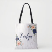 Rustiek  marineblauw, perzik bloemen gepersonalise tote bag (Voorkant)