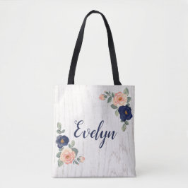 Rustiek  marineblauw, perzik bloemen gepersonalise tote bag
