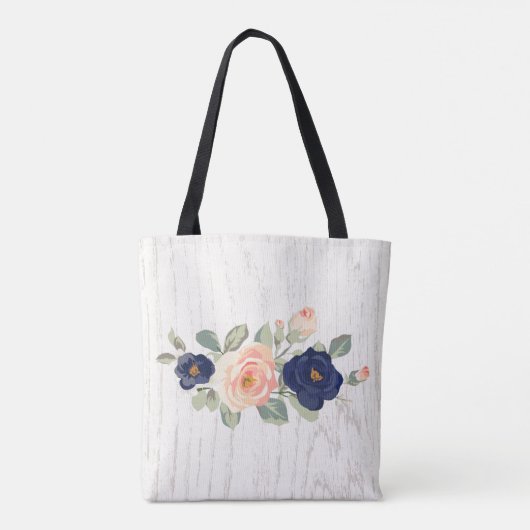 Rustiek  marineblauw, perzik bloemen gepersonalise tote bag (Achterkant)