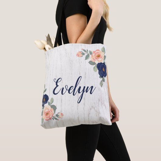 Rustiek  marineblauw, perzik bloemen gepersonalise tote bag (Dichtbij)