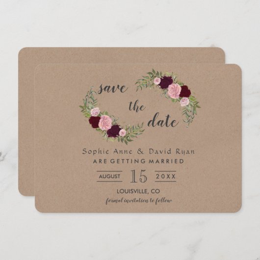 Rustiek Marsala Bloemen Craft Papier Save the Date (Voorkant / Achterkant)