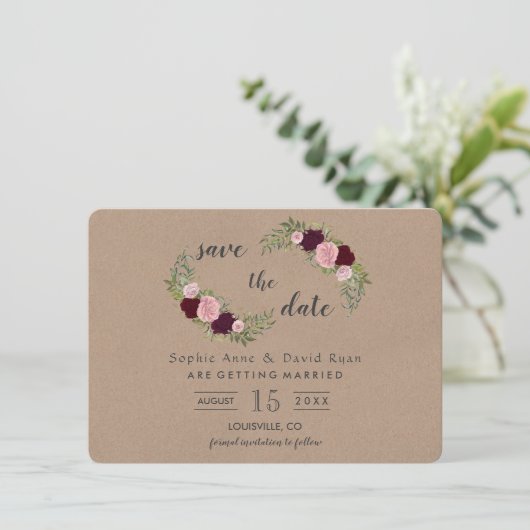 Rustiek Marsala Bloemen Craft Papier Save the Date (Staand voorkant)