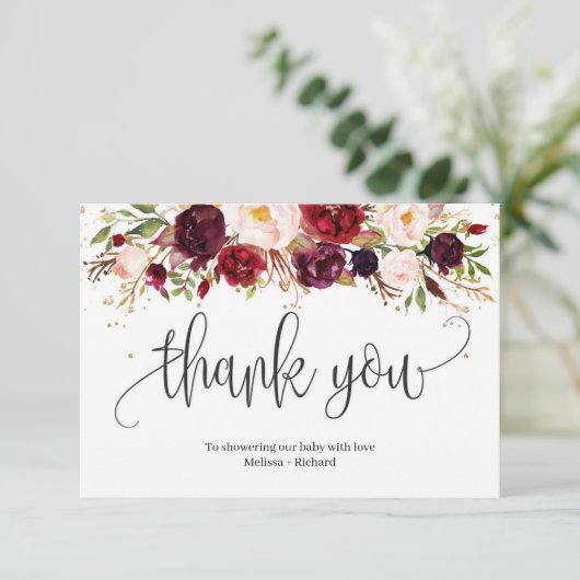 Rustiek marsala bordeaux bloemengoud baby shower informatiekaartje (Staand voorkant)