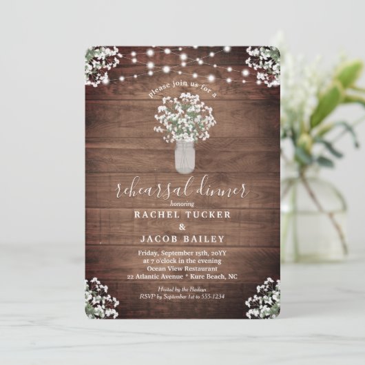 Rustiek Mason Jar Lights Bloemen repetitie diner Kaart (Staand voorkant)