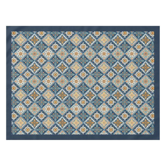 Rustiek Mediterraan marineblauw sinaasappel tegels Tafelkleed (Voorkant (Horizontaal))