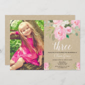 Rustiek meisje 3e verjaardag roze witte verjaardag kaart (Voorkant / Achterkant)