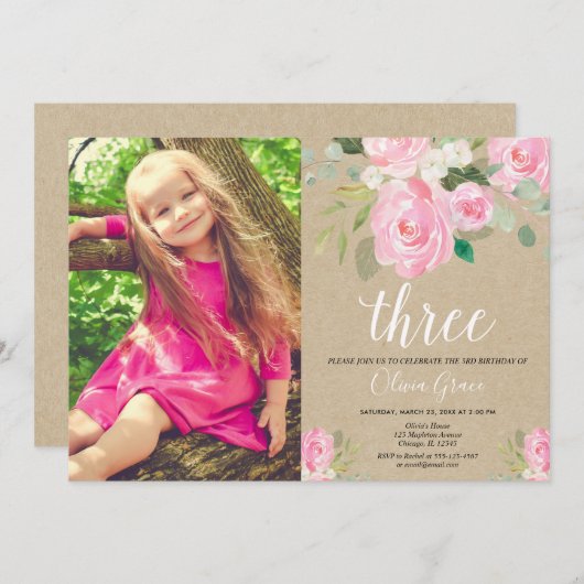 Rustiek meisje 3e verjaardag roze witte verjaardag kaart (Voorkant / Achterkant)