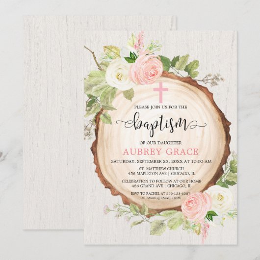 Rustiek meisje doop bos blush roze groen kaart (Voorkant / Achterkant)