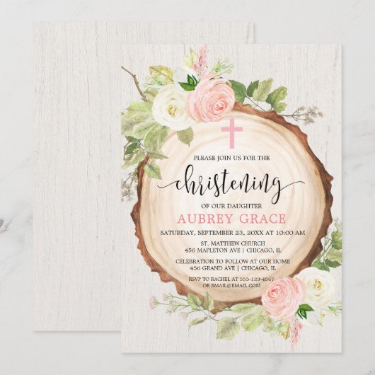 Rustiek meisje doop bos roze groen kaart (Voorkant / Achterkant)