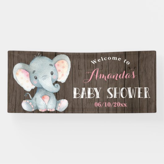 Rustiek Meisje Olifant Baby shower Roze en grijs Spandoek (Horizontaal)