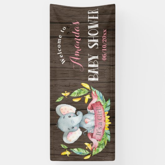 Rustiek Meisje Olifant Baby shower Roze en grijs Spandoek (Verticaal)