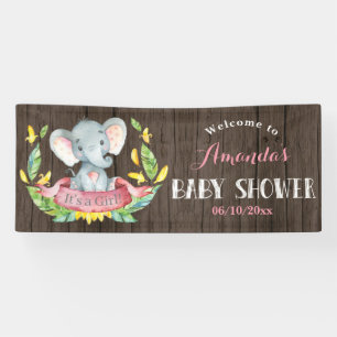 Rustiek Meisje Olifant Baby shower Roze en grijs Spandoek