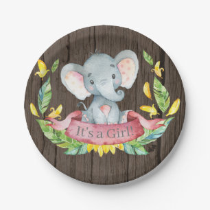 Rustiek Meisje Olifant Baby shower Roze Papier Bor Papieren Bordje