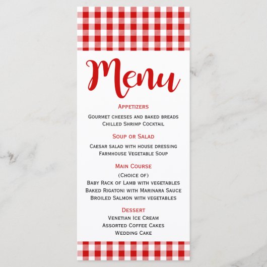 Rustiek Menu Rood Wit Gingham Check Trouwen, Feest (Voorkant)