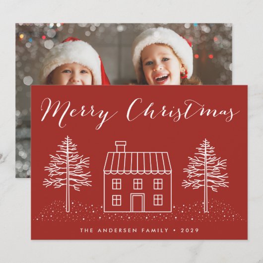 Rustiek Merry Christmas House en Lichten Feestdagenkaart (Voorkant / Achterkant)