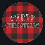 Rustiek Merry Christmas Red Plaid vakantietype Ronde Sticker<br><div class="desc">Overeenkomende objecten beschikbaar.</div>