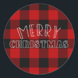 Rustiek Merry Christmas Red Plaid vakantietype Ronde Sticker<br><div class="desc">Overeenkomende objecten beschikbaar.</div>