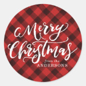 Rustiek Merry Christmas Script Red Plaid Ronde Sticker (Voorkant)