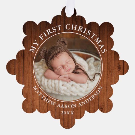 Rustiek Mijn Eerste Kerstfoto Ornament Kaart (Voorkant)