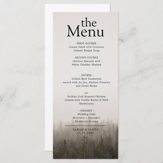 Rustiek minimalistisch Forest Misty Landscape Dine Menu (Voorkant / Achterkant)