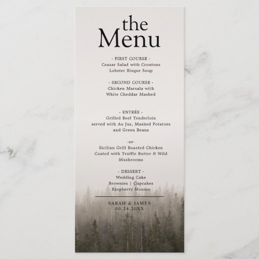 Rustiek minimalistisch Forest Misty Landscape Dine Menu (Voorkant)