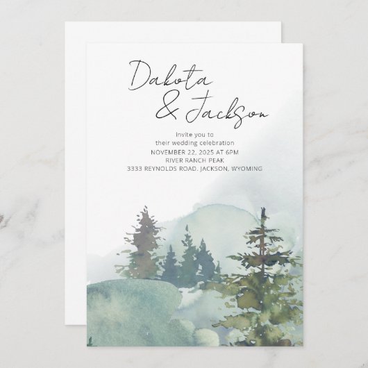 Rustiek mistig bos berg bestemming bruiloft kaart (Voorkant / Achterkant)