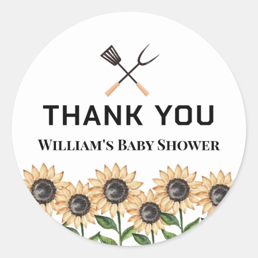 Rustiek Modern BBQ Zonnebloem Baby shower Ronde Sticker (Voorkant)
