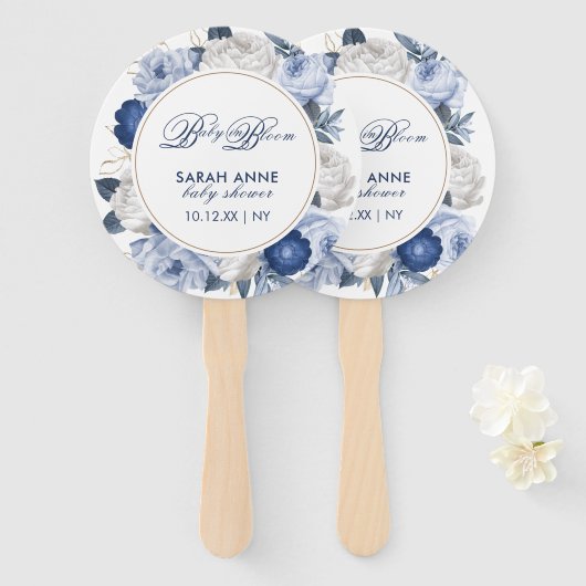 Rustiek Modern Blauw & Wit Bloem Baby shower Handwaaier (Voorkant en achterkant)