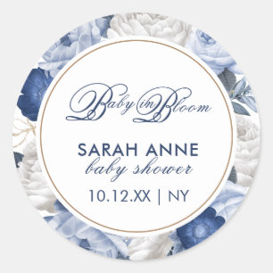 Rustiek Modern Blauw & Wit Bloem Baby shower Ronde Sticker