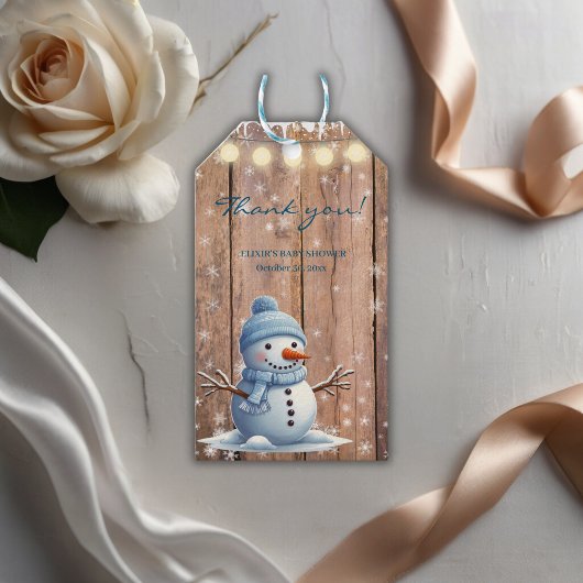 Rustiek Modern Elegant Blue Snowman Baby shower Cadeaulabel