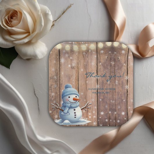 Rustiek Modern Elegant Blue Snowman Baby shower Papieren Bordje
