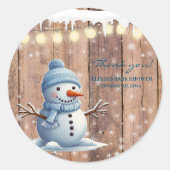 Rustiek Modern Elegant Blue Snowman Baby shower Ronde Sticker (Voorkant)