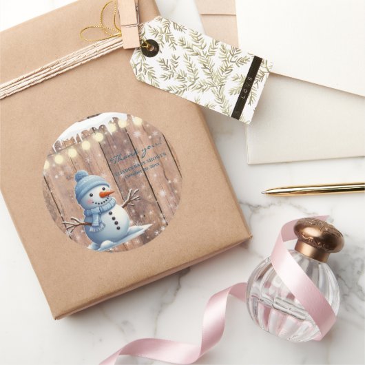 Rustiek Modern Elegant Blue Snowman Baby shower Ronde Sticker (Geschenken)