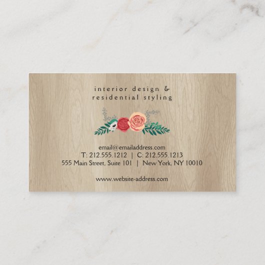 Rustiek  Modern Floral Motief Tan Woodgrain Visitekaartje (Achterkant)
