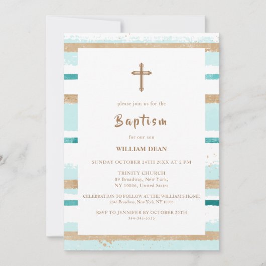 Rustiek Modern Goud Streep Cross Boy Doop Kaart (Voorkant)