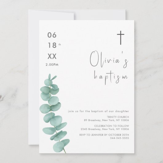 Rustiek Modern groen Eucalyptus Cross Baptism Kaart (Voorkant)