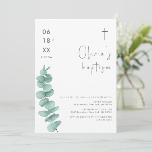 Rustiek Modern groen Eucalyptus Cross Baptism Kaart (Staand voorkant)